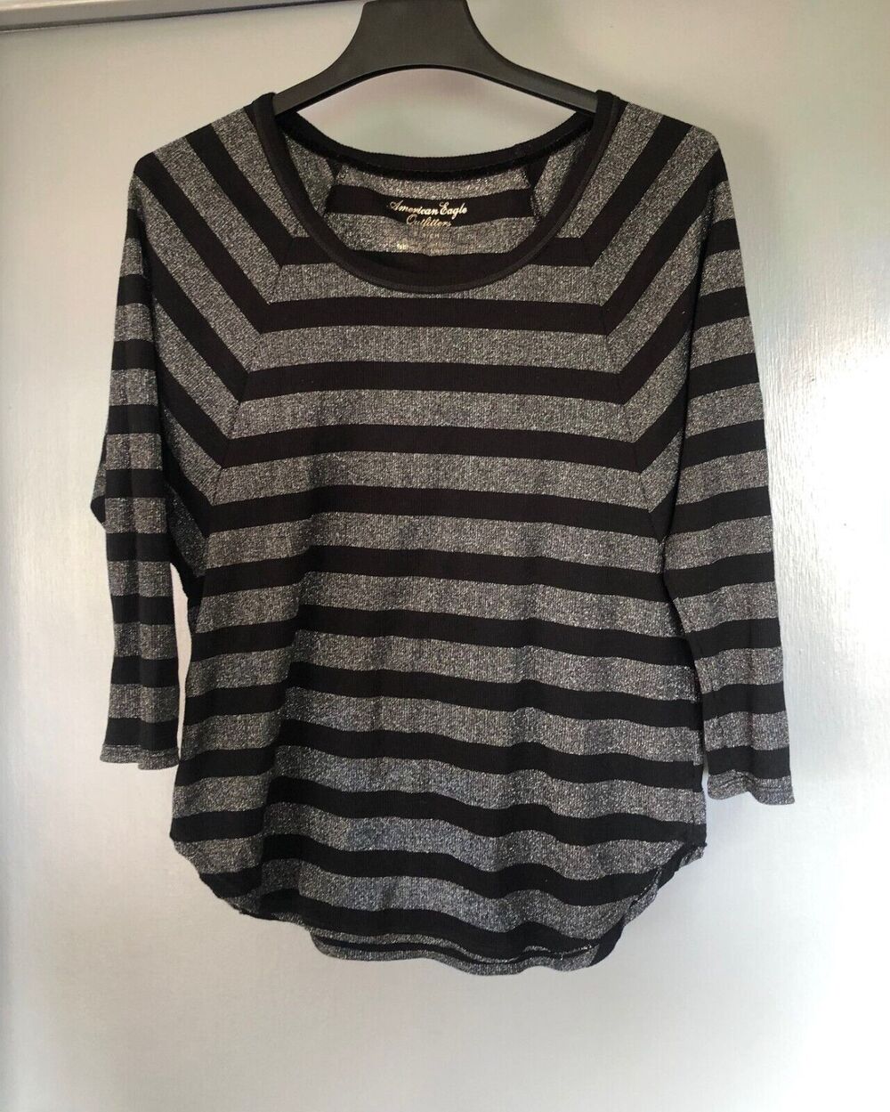 American Eagle Outfitters Top Sz SP Striped Black And Silver metallic sweater